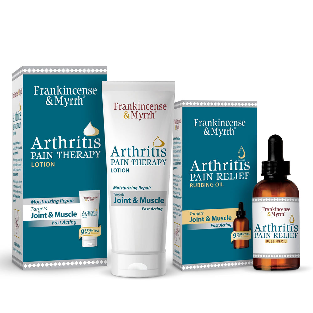 Frankincense & Myrrh combo pack front view showing dual relief oils for joints and muscles.