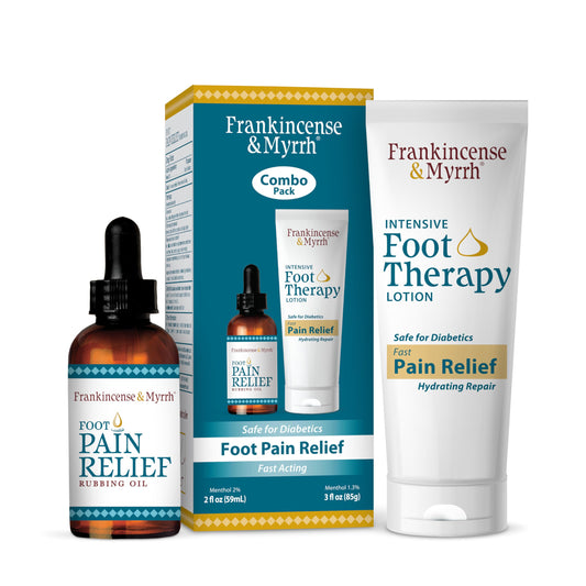 Frankincense & Myrrh foot pain relief oil bottle gliding smoothly for targeted comfort.