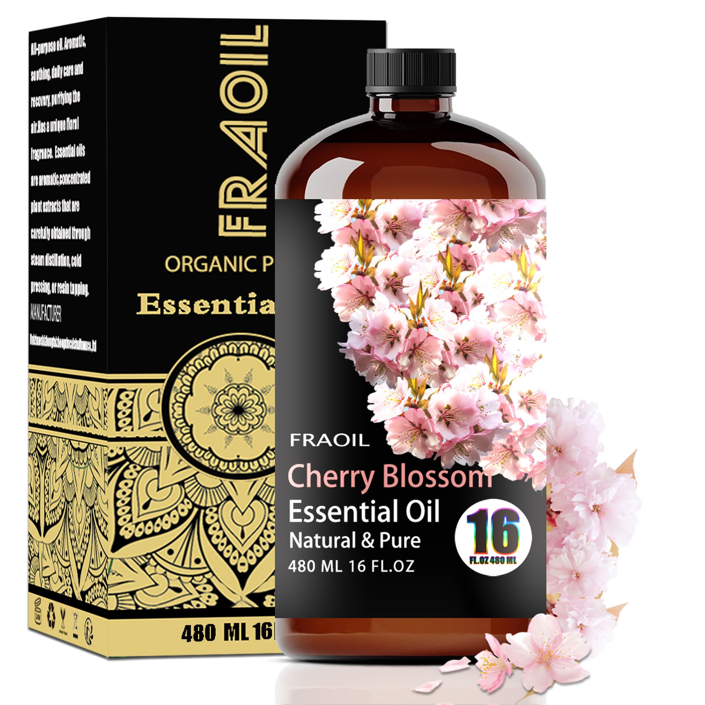 FRAOIL Cherry Blossom Essential Oil bottle in amber glass protects fragrance for diffusers.