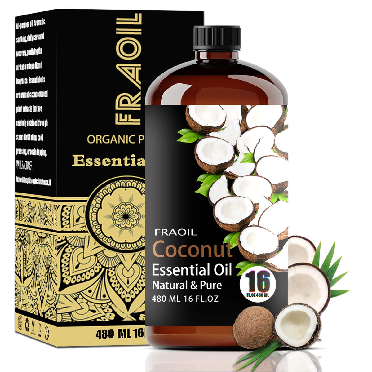 FRAOIL Coconut Essential Oil bottle with 16 oz amber glass for diffusion and DIY projects