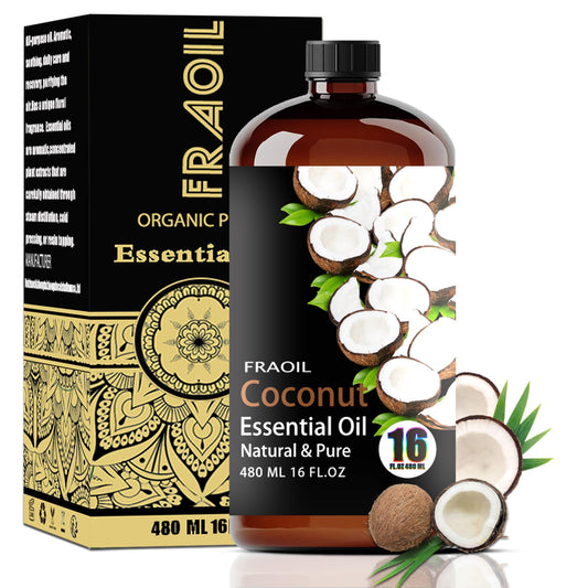 FRAOIL Coconut Essential Oil bottle with 16 oz amber glass for diffusion and DIY projects