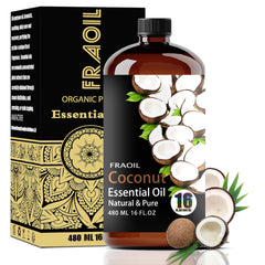 FRAOIL Coconut Essential Oil bottle with 16 oz amber glass for diffusion and DIY projects