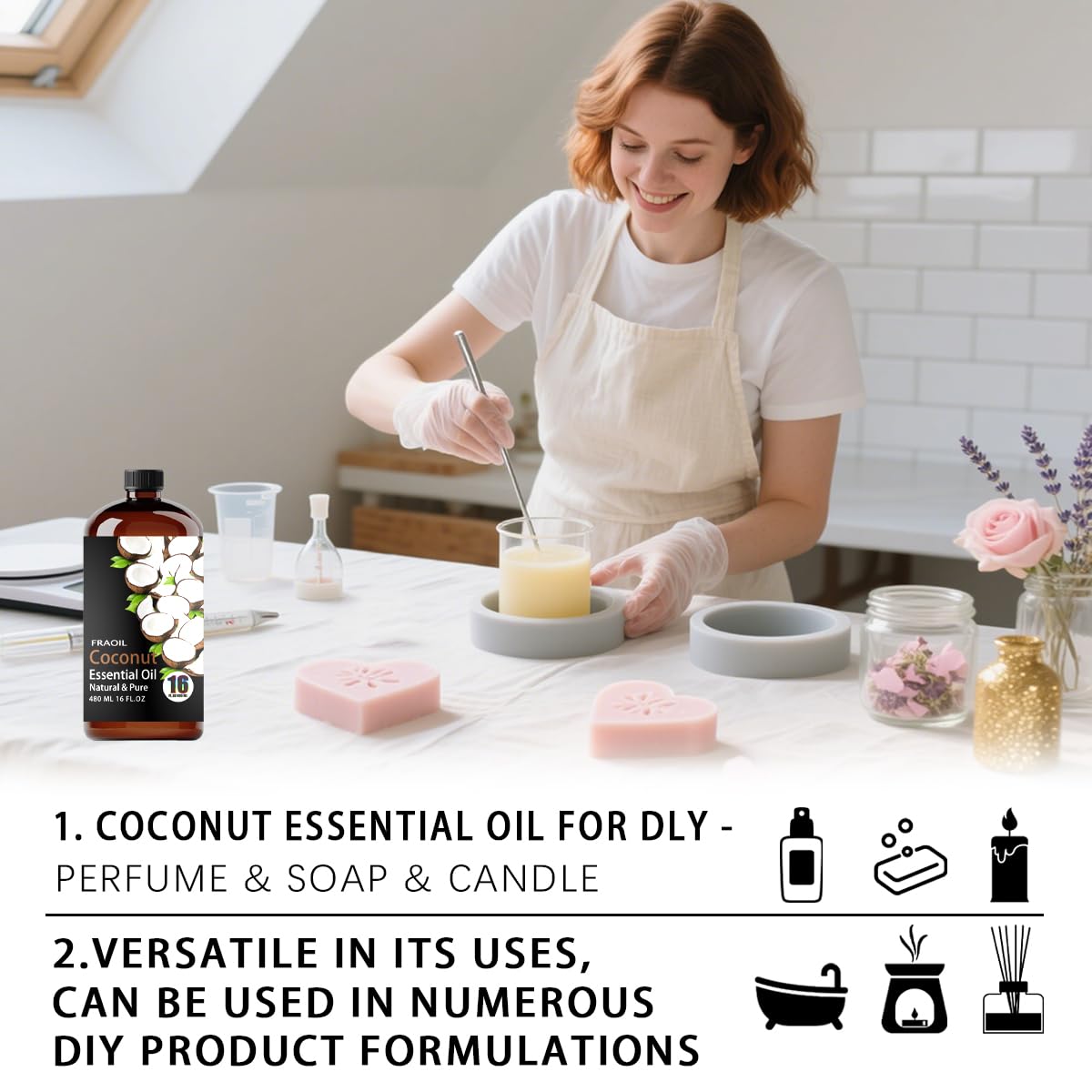 Storage and craft setup featuring FRAOIL coconut essential oil
