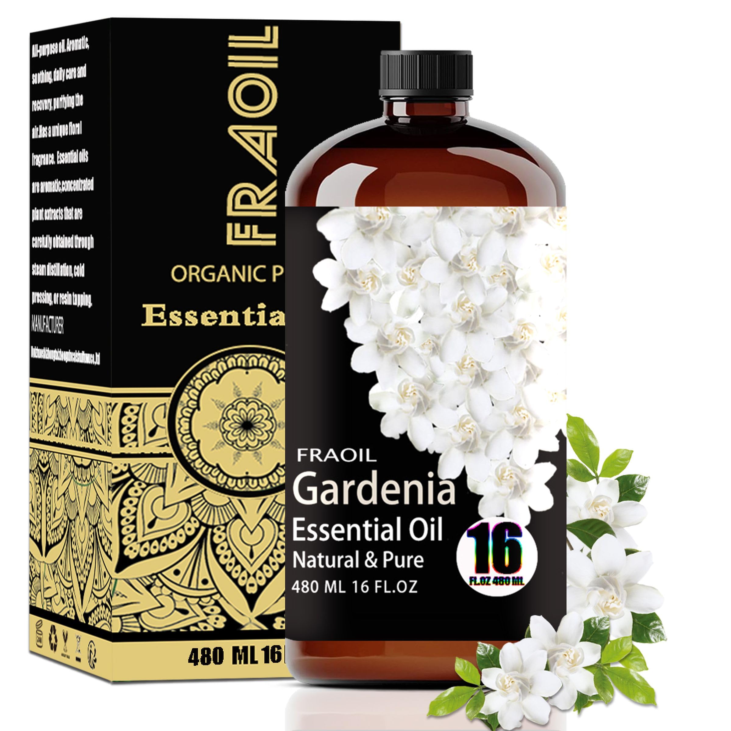 FRAOIL Gardenia essential oil in an amber 16 oz bottle for home aroma diffusion