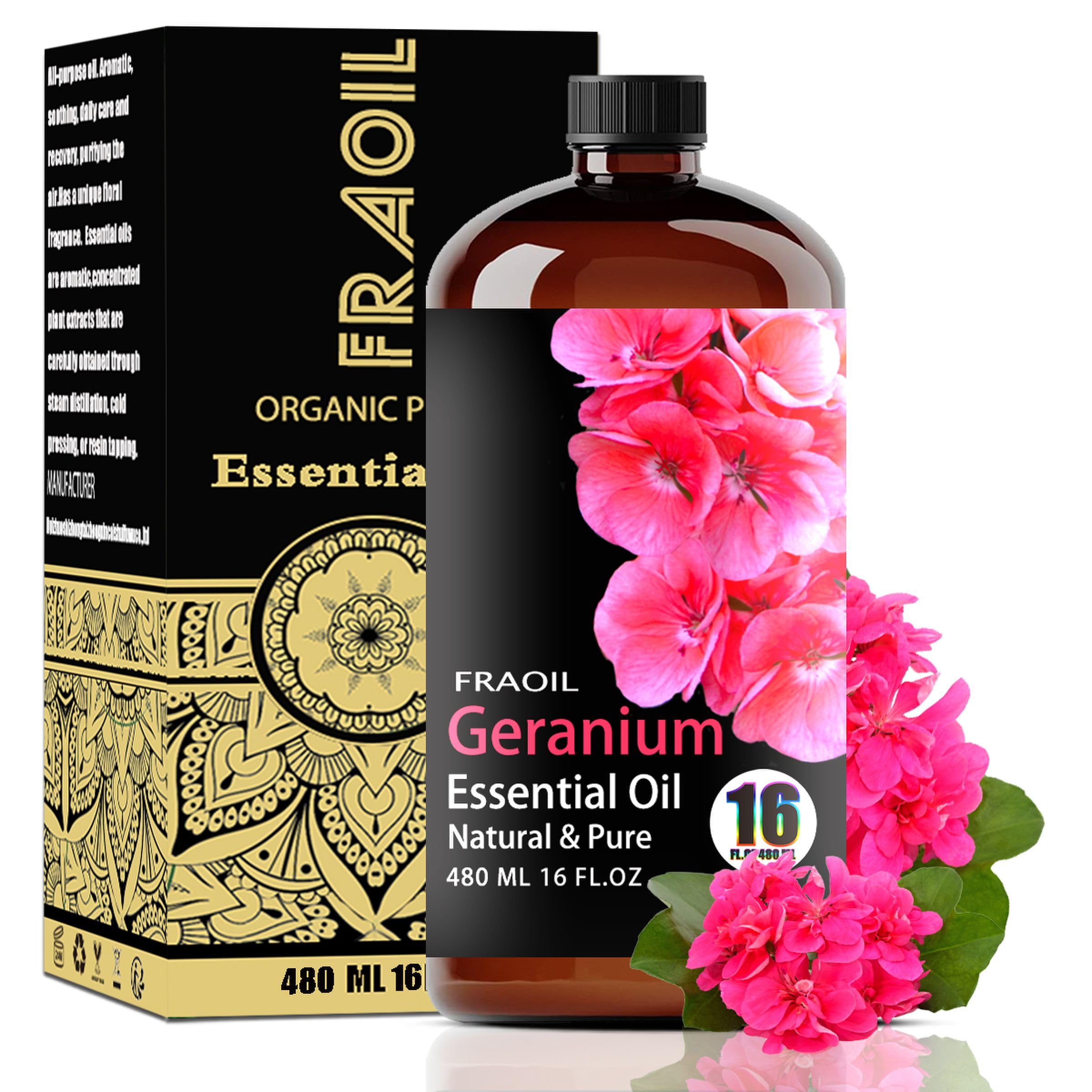 FRAOIL Geranium oil 16oz bottle for home aromatherapy.