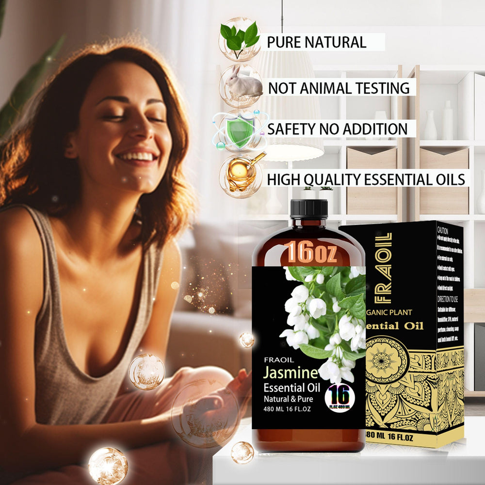 FRAOIL Jasmine essential oil 16oz bottle protects from light and preserves scent.