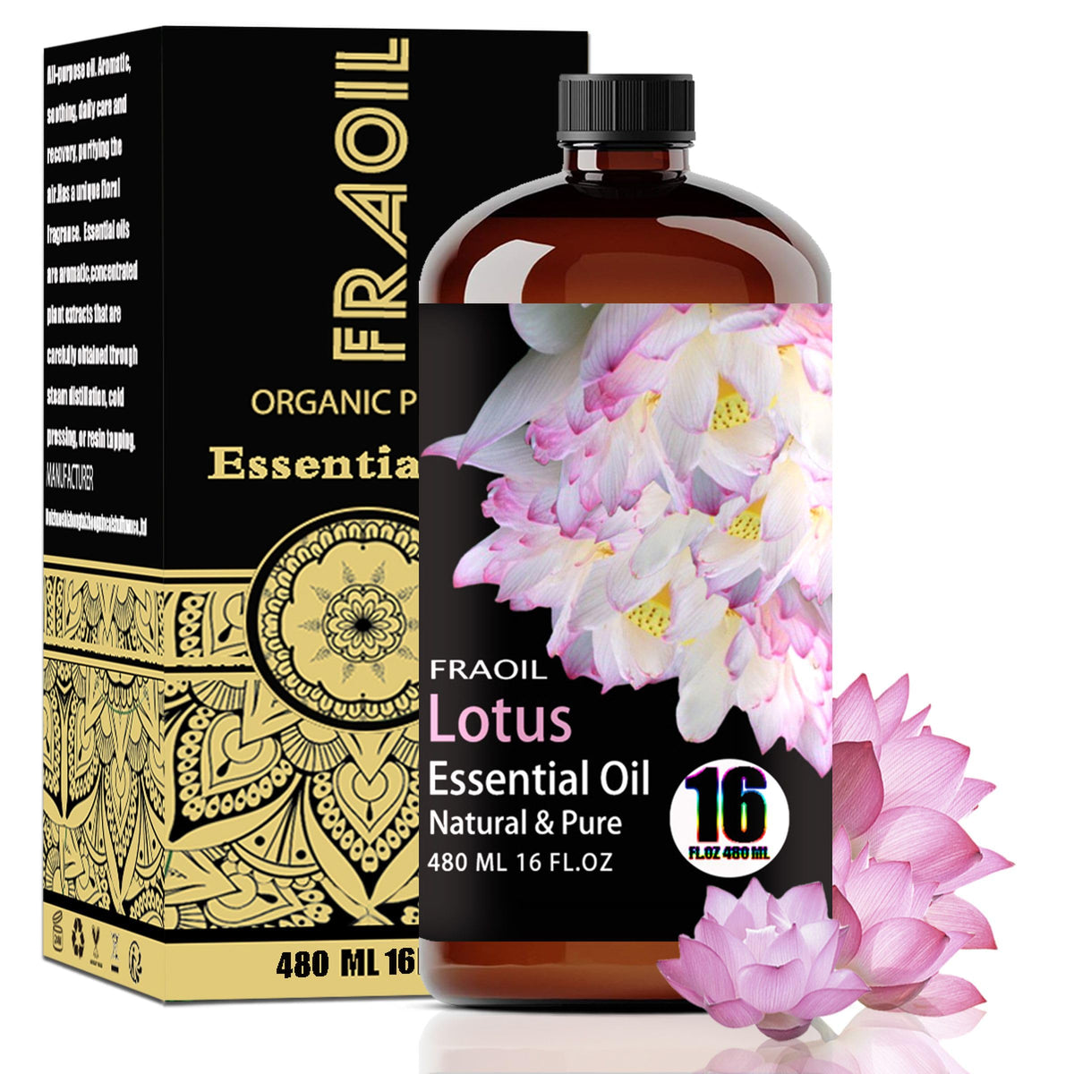 FRAOIL Lotus Essential Oil bottle in amber glass for long-lasting scent and protection.