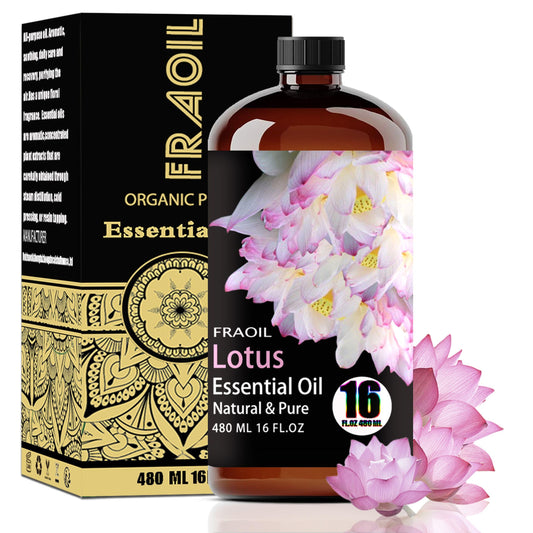 FRAOIL Lotus Essential Oil bottle in amber glass for long-lasting scent and protection.