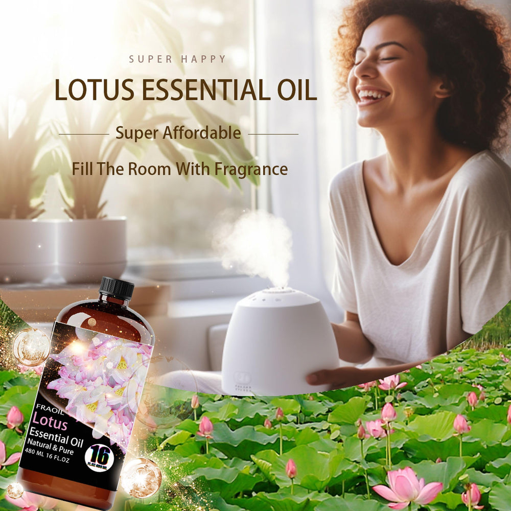 Lotus essential oil drops into a diffuser to create a serene home aroma.