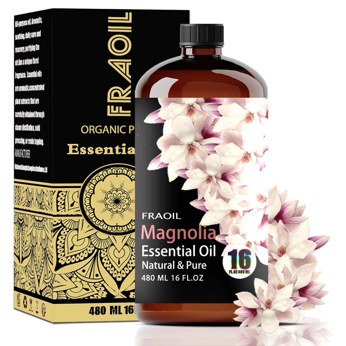 FRAOIL Magnolia Essential Oil bottle with dropper for aromatherapy and DIY projects.