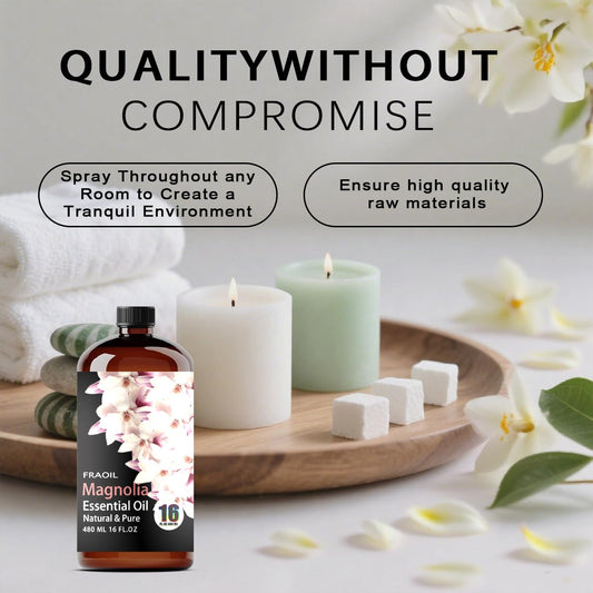 FRAOIL Magnolia essential oil used in diffuser setup for relaxing ambiance.