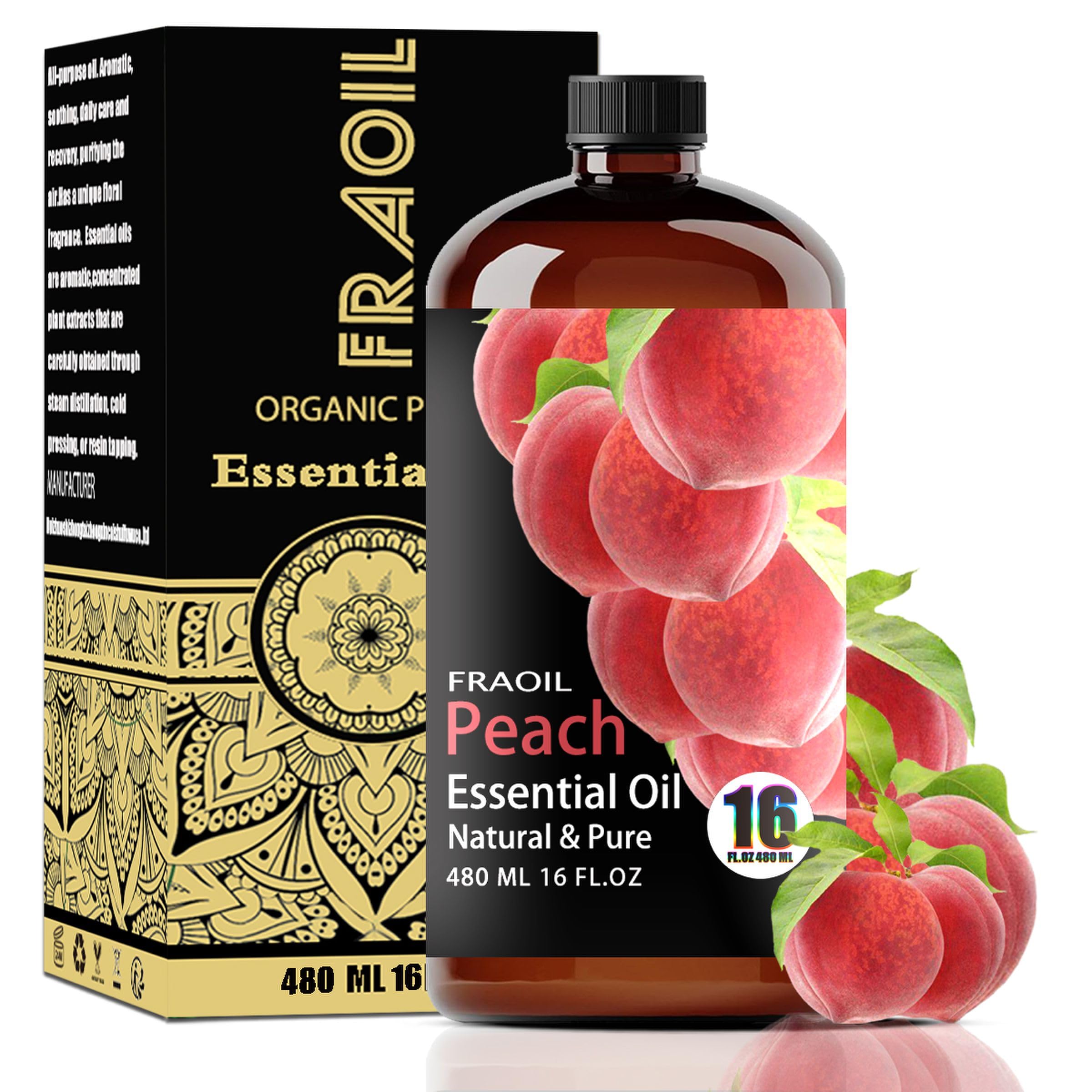 FRAOIL Peach Essential Oil 16oz bottle in amber glass for long-lasting aroma
