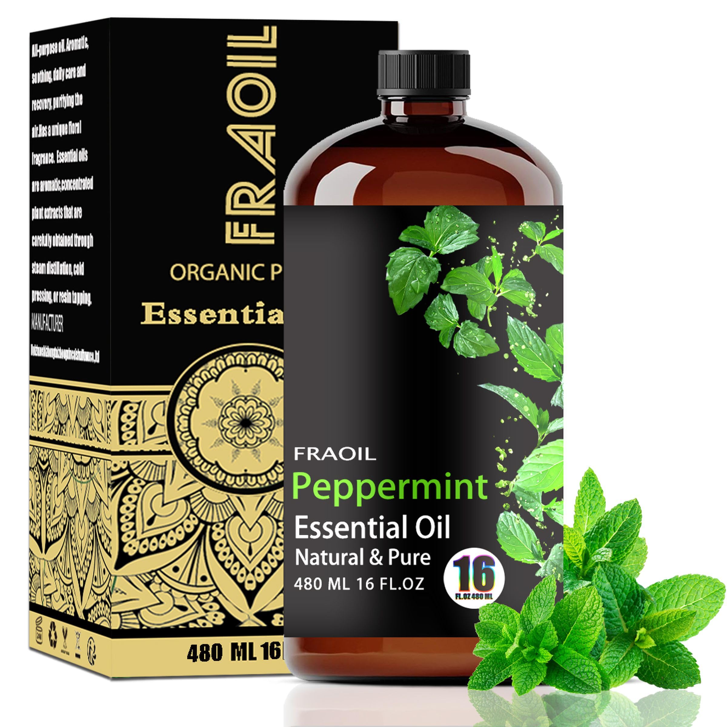FRAOIL Peppermint Oil 16 oz bottle in amber glass for diffuser use