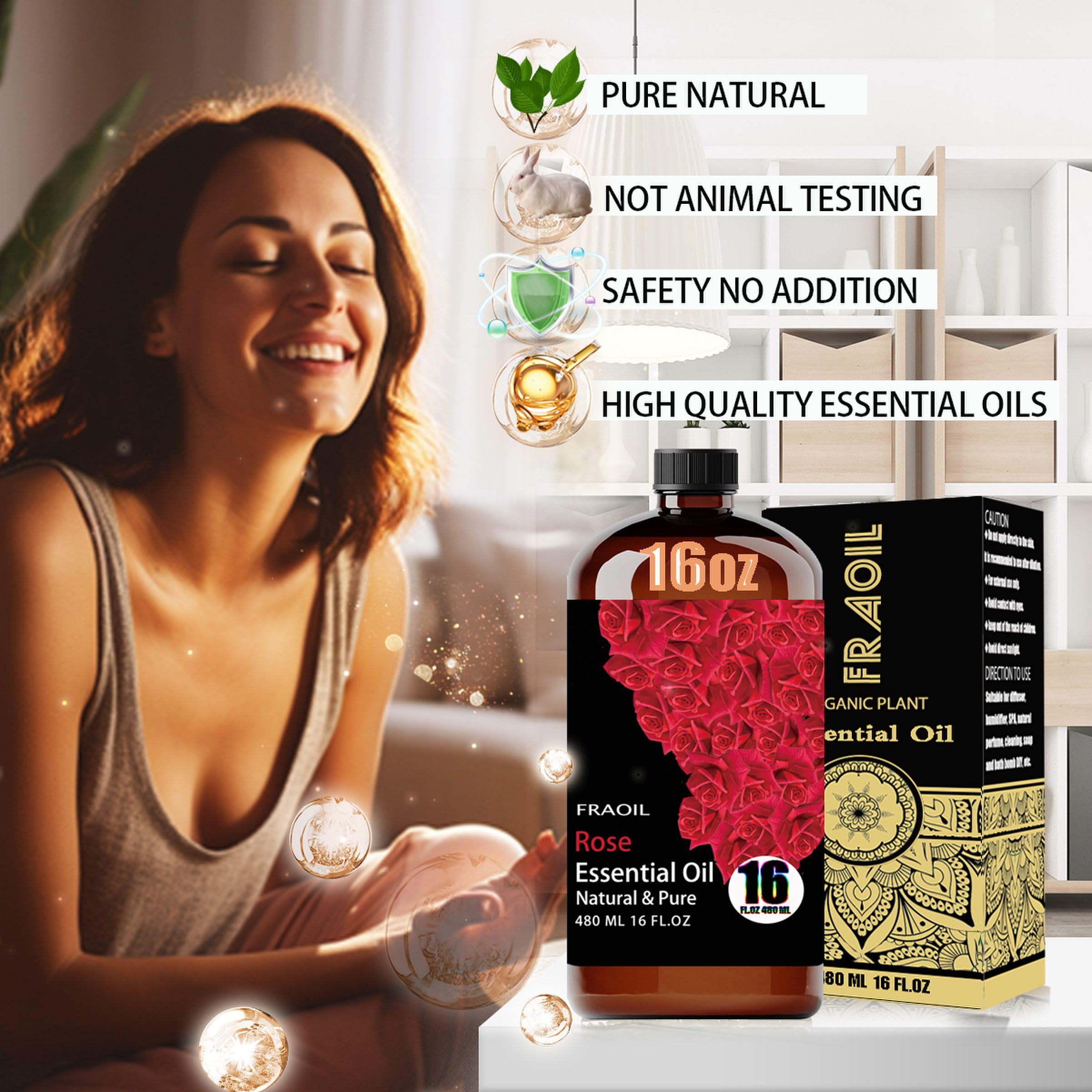 FRAOIL Rose Essential Oil diffuser setup with warm floral aroma