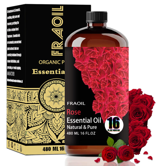 FRAOIL Rose Essential Oil in amber bottle for diffusers and aromatherapy