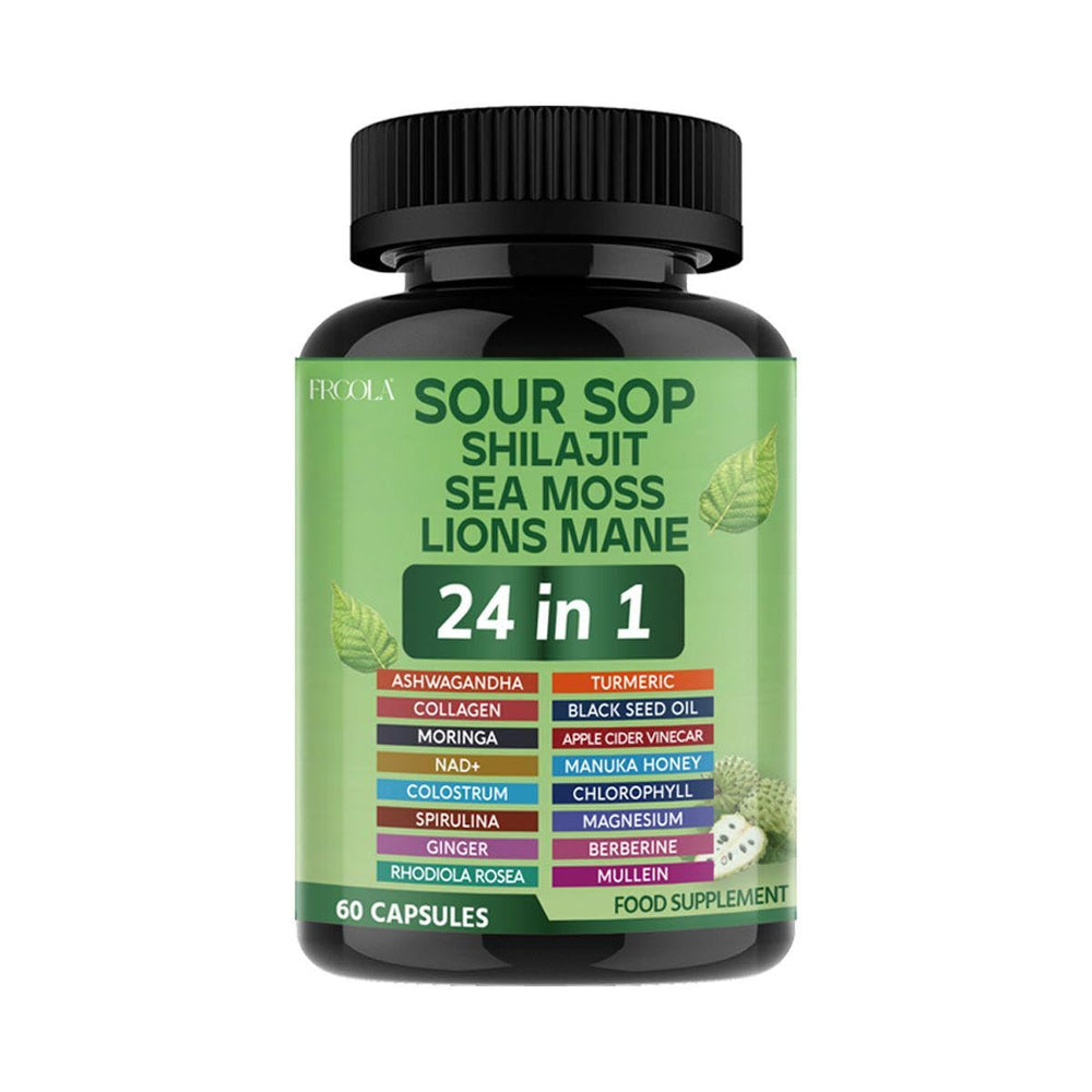 Frcola 24-in-1 Soursop Graviola capsules bottle for daily immune and energy support