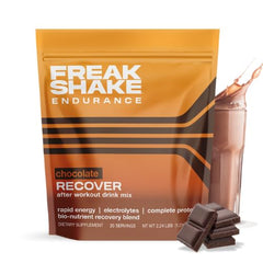 Freak Shake Recover chocolate bottle pour highlights rapid hydration after workouts.