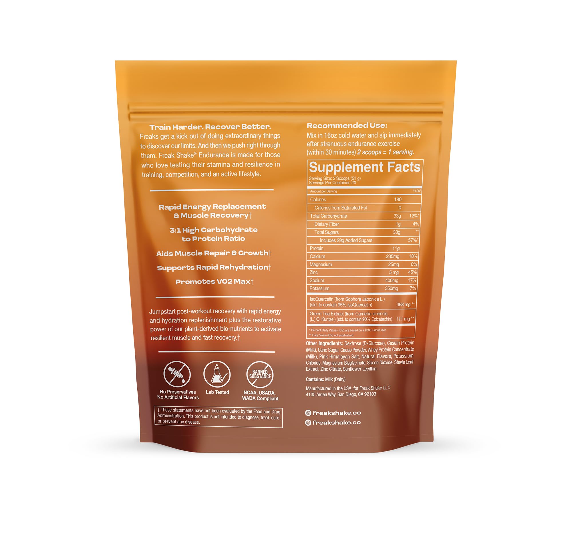 Freak Shake Recover chocolate endurance-drink setup illustrates gym-ready recovery.