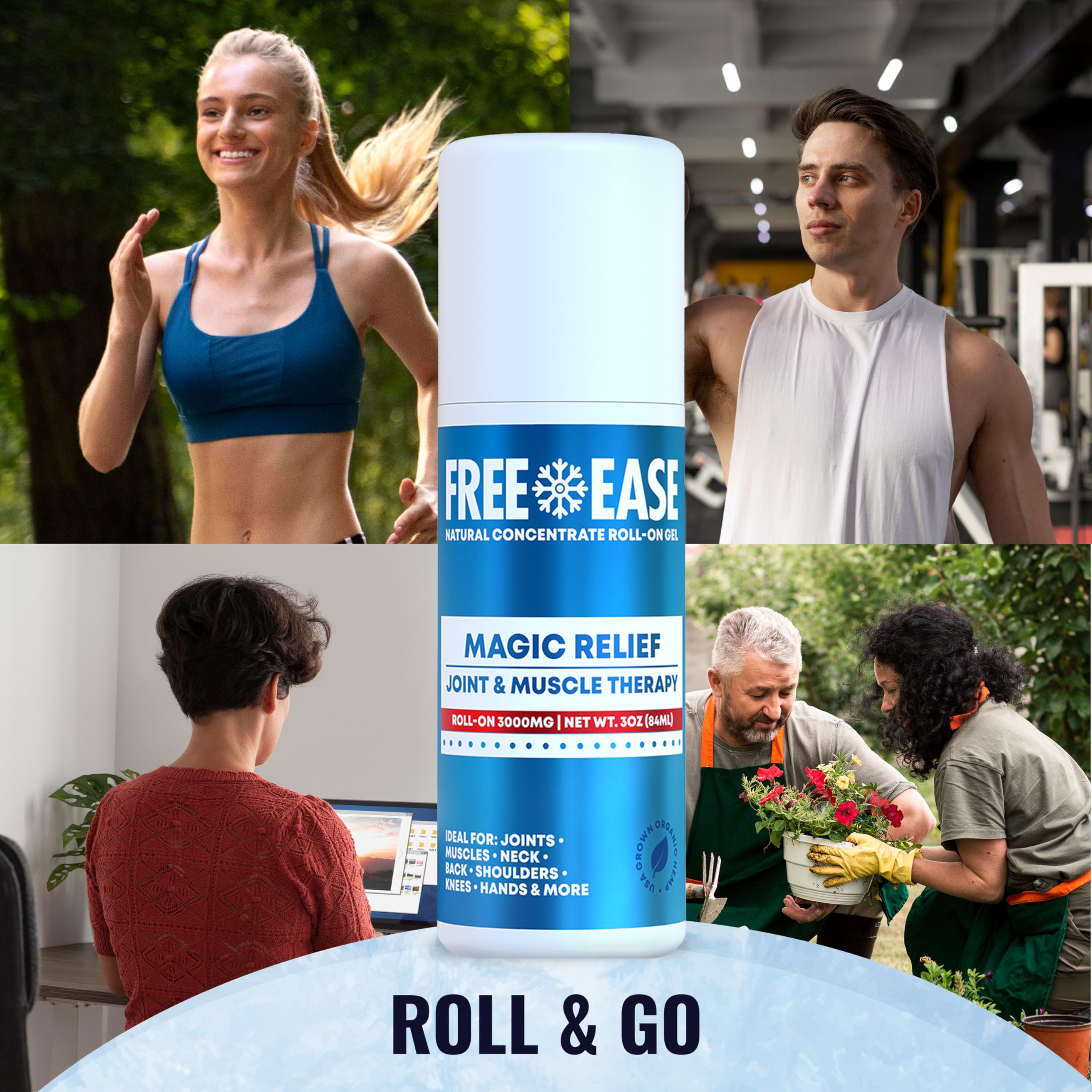 Free-Ease Magic Relief Roller label indicating USA-made quality and natural ingredients.