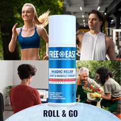 Free-Ease Magic Relief Roller label indicating USA-made quality and natural ingredients.