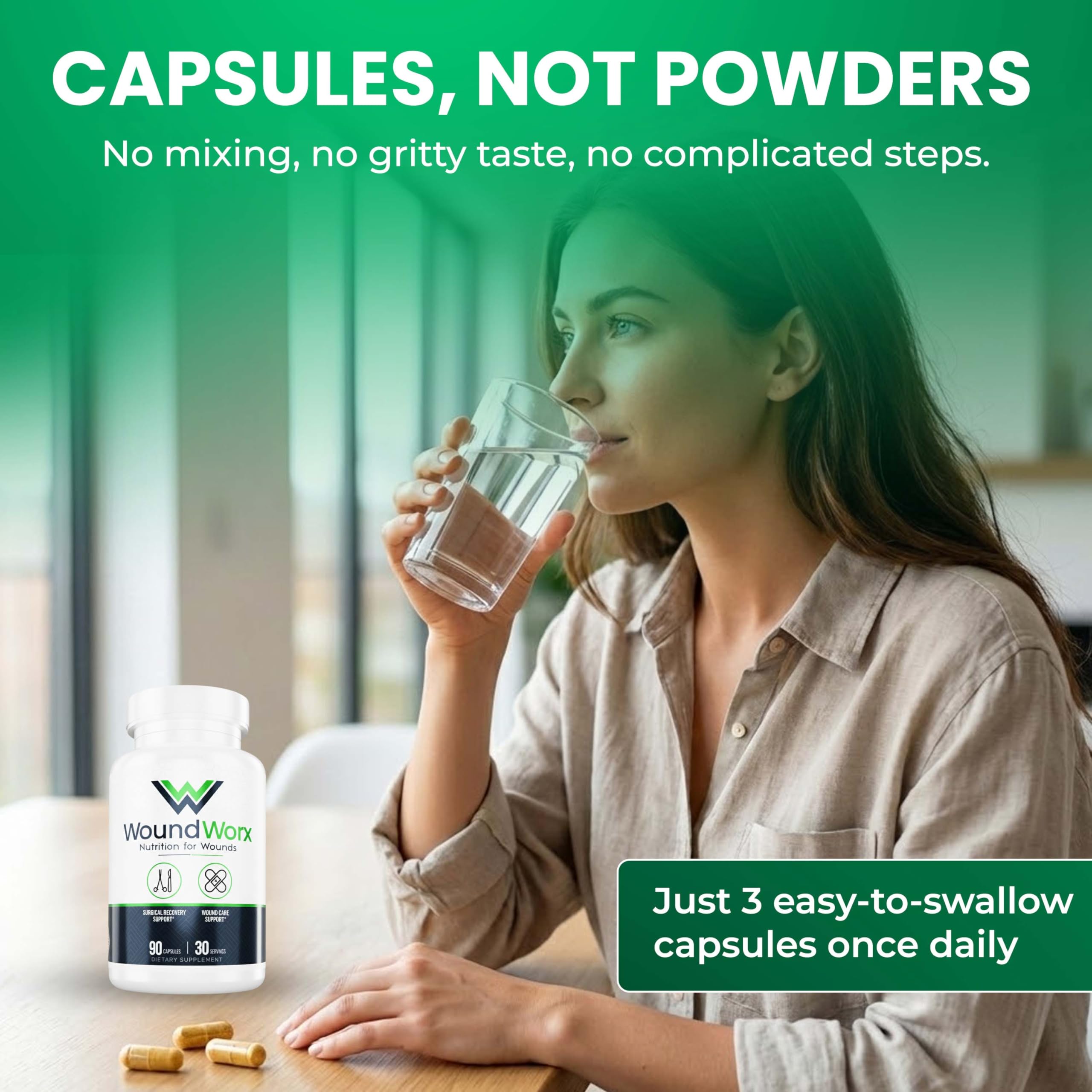 Free Life Labs WoundWorx capsules in hand: portable daily support option.
