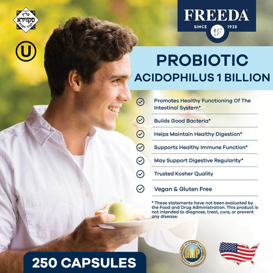 FREEDA probiotic bottle on counter illustrating easy, everyday gut care