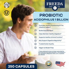 FREEDA probiotic bottle on counter illustrating easy, everyday gut care