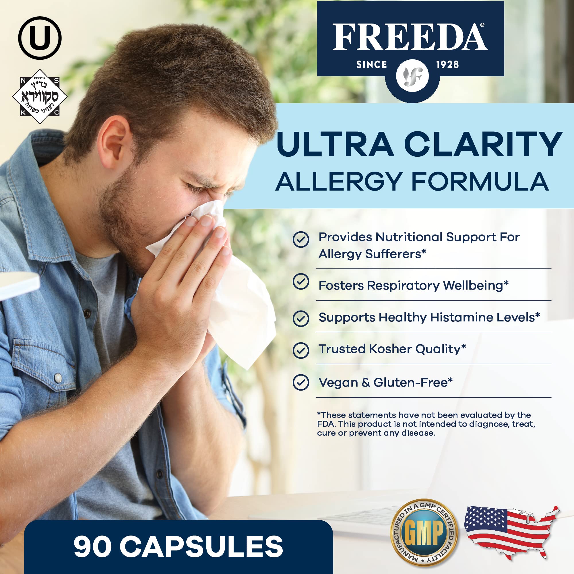 Freeda Allergy Formula bromelain capsules close-up highlighting enzyme support.