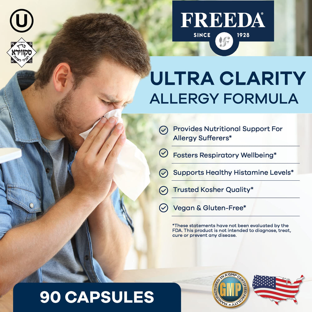 Freeda Allergy Formula bromelain capsules close-up highlighting enzyme support.