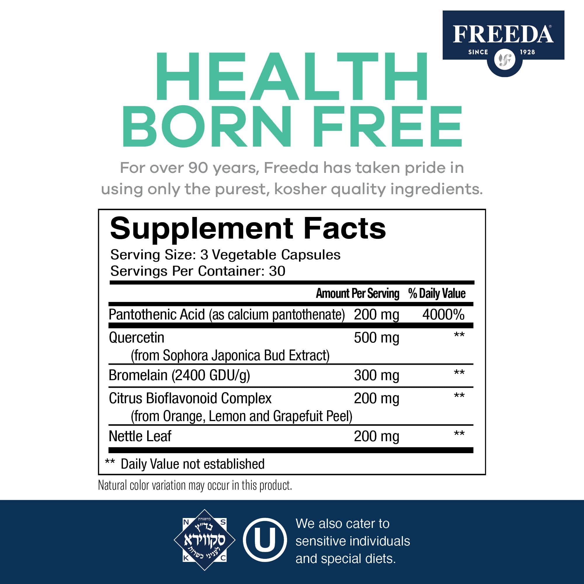 Freeda Allergy Formula nettle leaf ingredients close-up for natural balance.