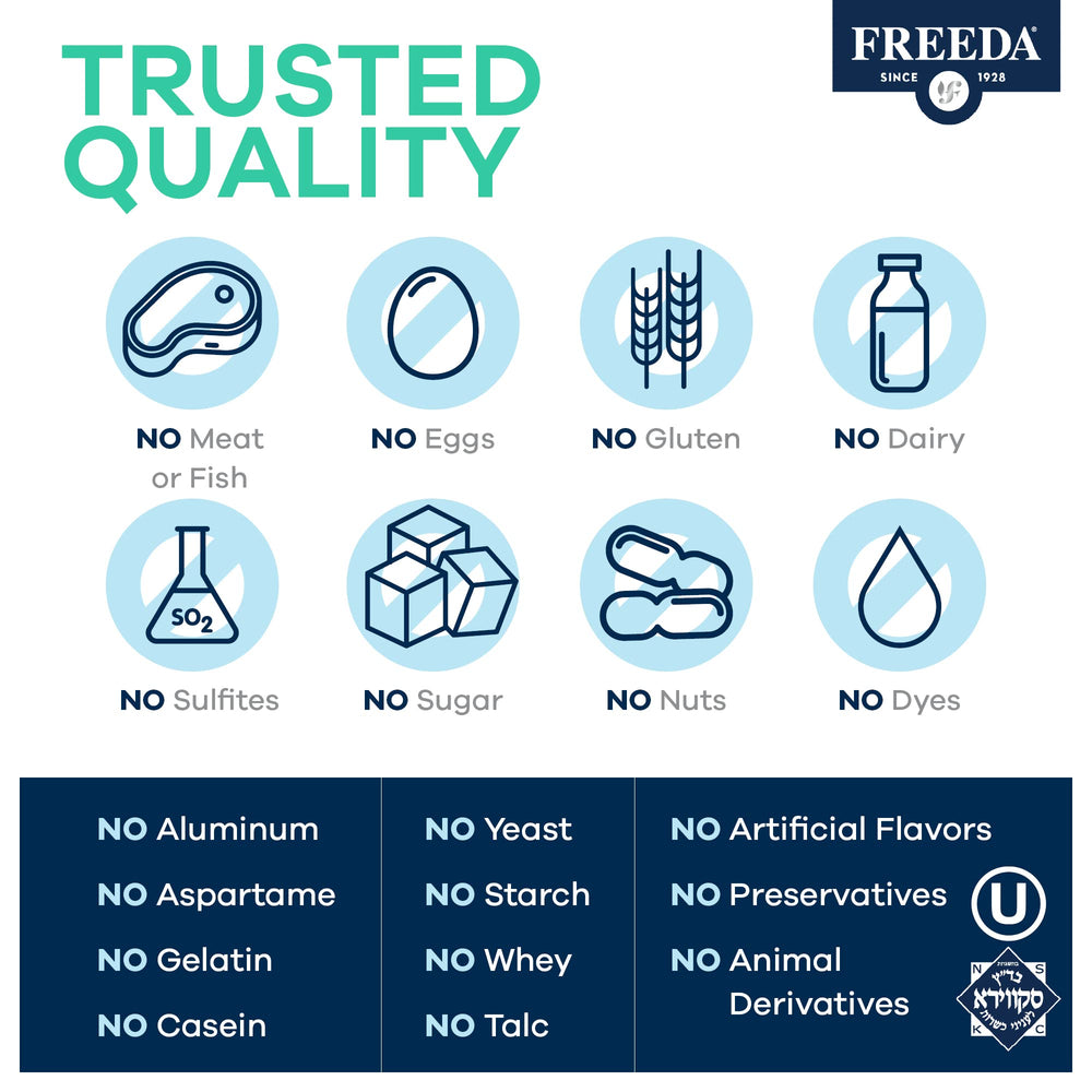 FREEDA B-Complex capsules ingredient panel emphasizes B vitamins and folate.