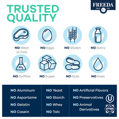 FREEDA B-Complex capsules ingredient panel emphasizes B vitamins and folate.