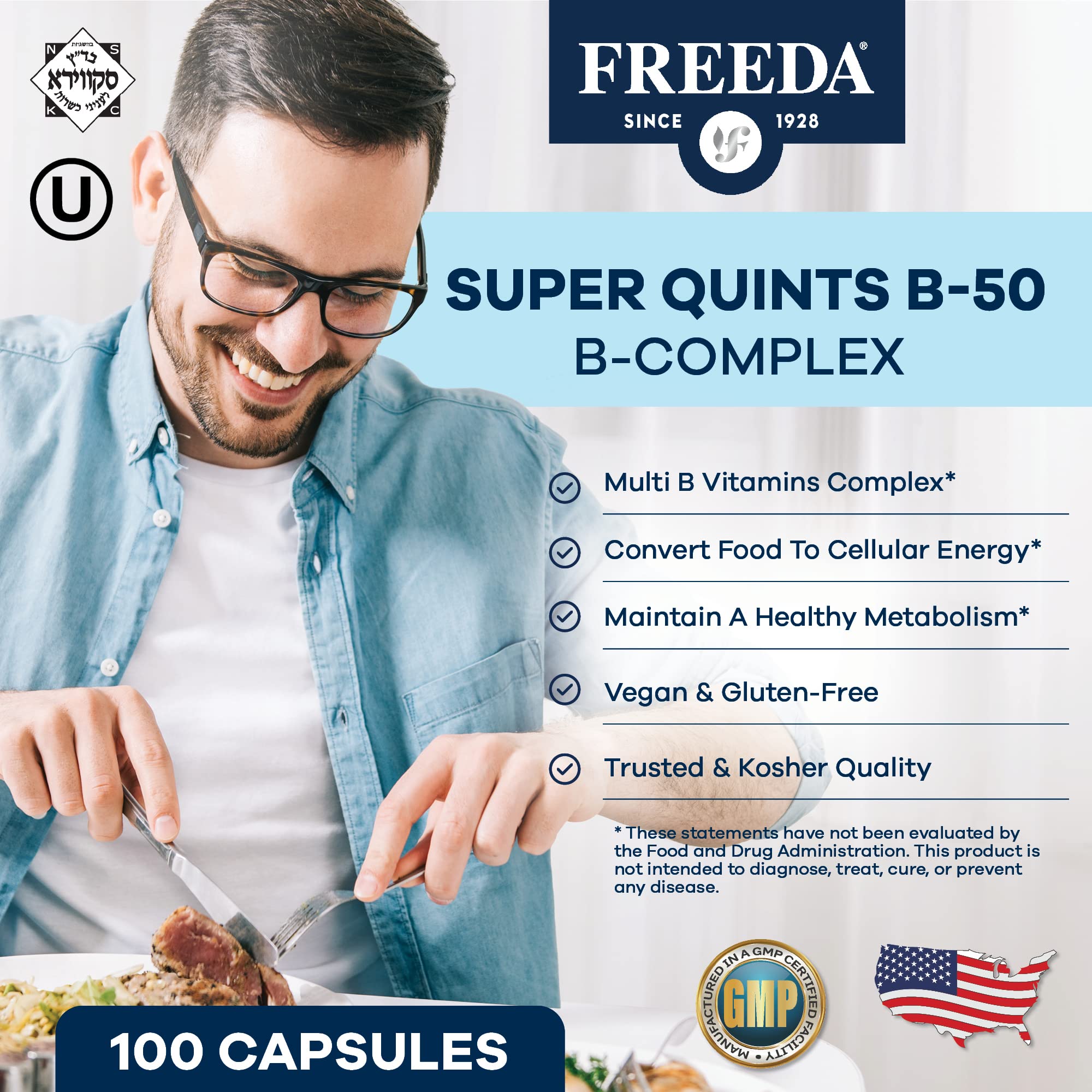 FREEDA B-Complex capsules label close-up highlights vegan clean-label formula and key vitamins.