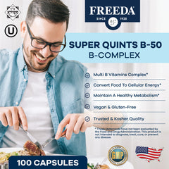 FREEDA B-Complex capsules label close-up highlights vegan clean-label formula and key vitamins.