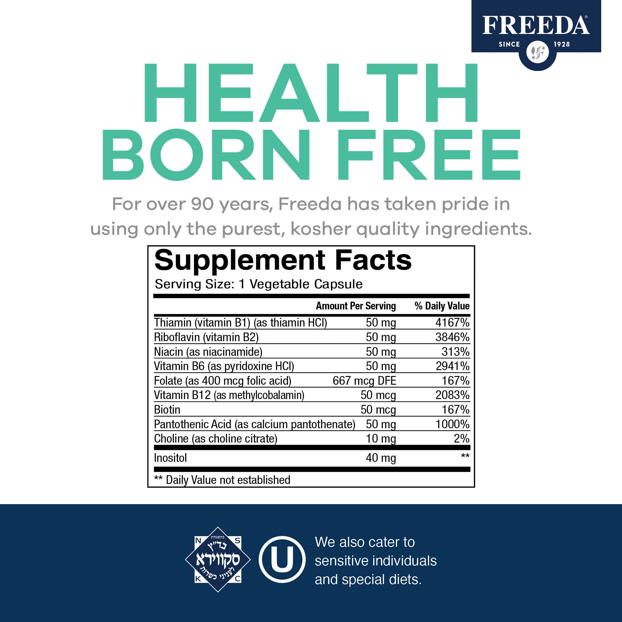 FREEDA B-Complex capsules with a glass of water suggests convenient daily routine.