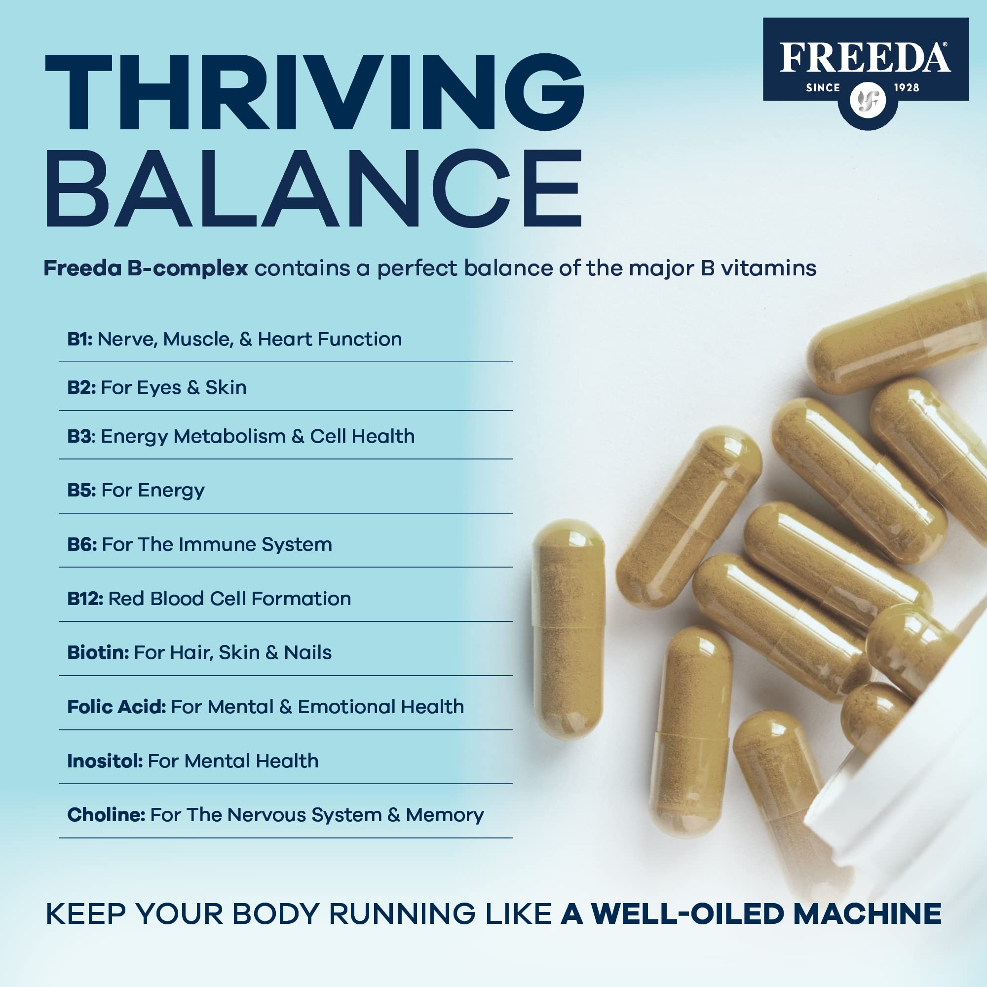 FREEDA B-Complex capsules on a countertop suggests simple once-daily intake.