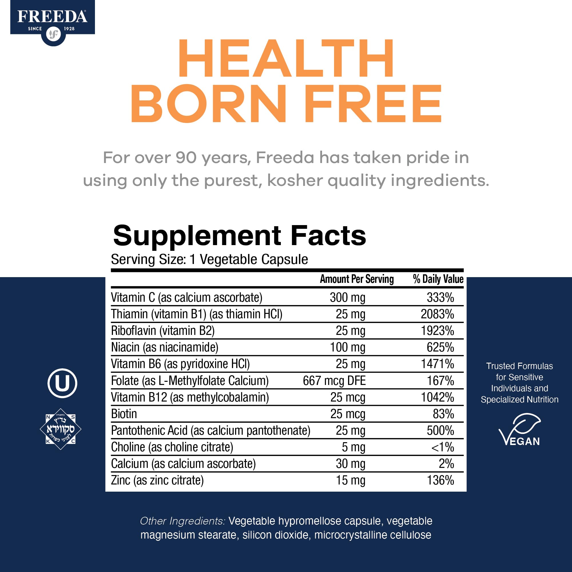 FREEDA B Complex label highlights methylfolate and active B12 for efficient nutrient use.