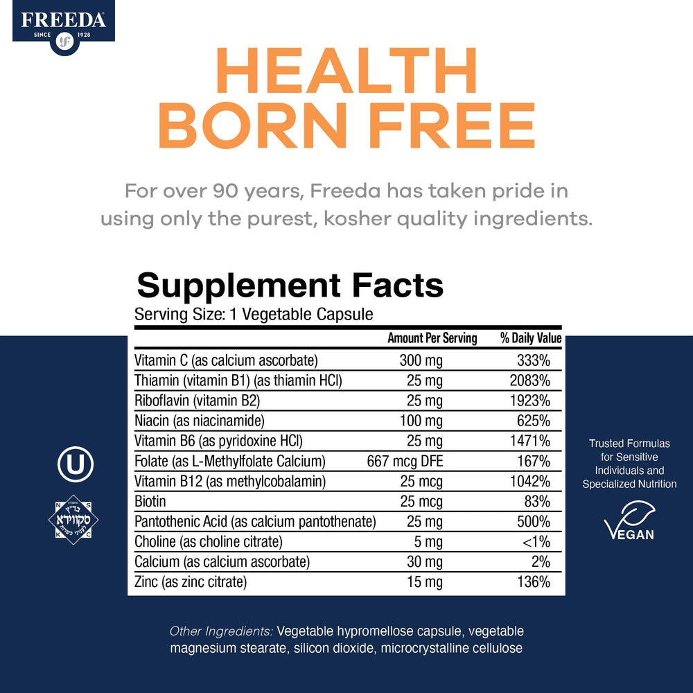 FREEDA B Complex label highlights methylfolate and active B12 for efficient nutrient use.