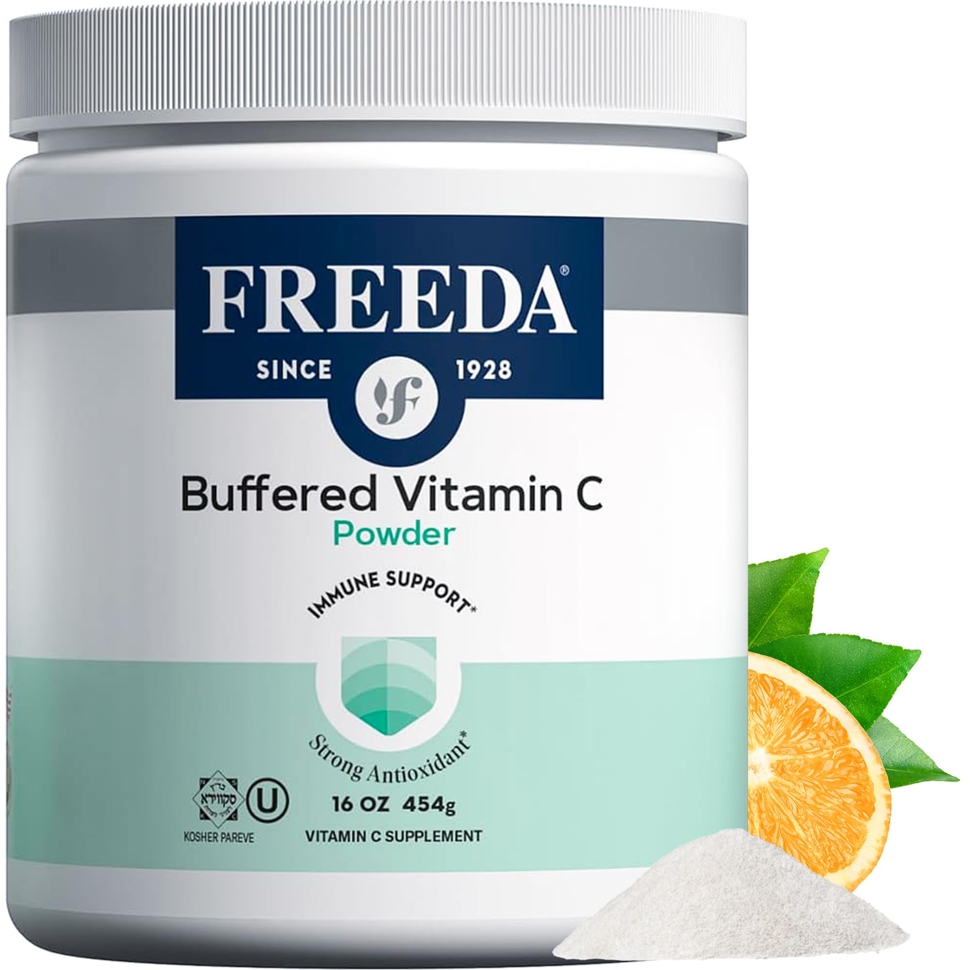 Freeda Buffered Vitamin C Powder bottle shows gentle daily immune support.