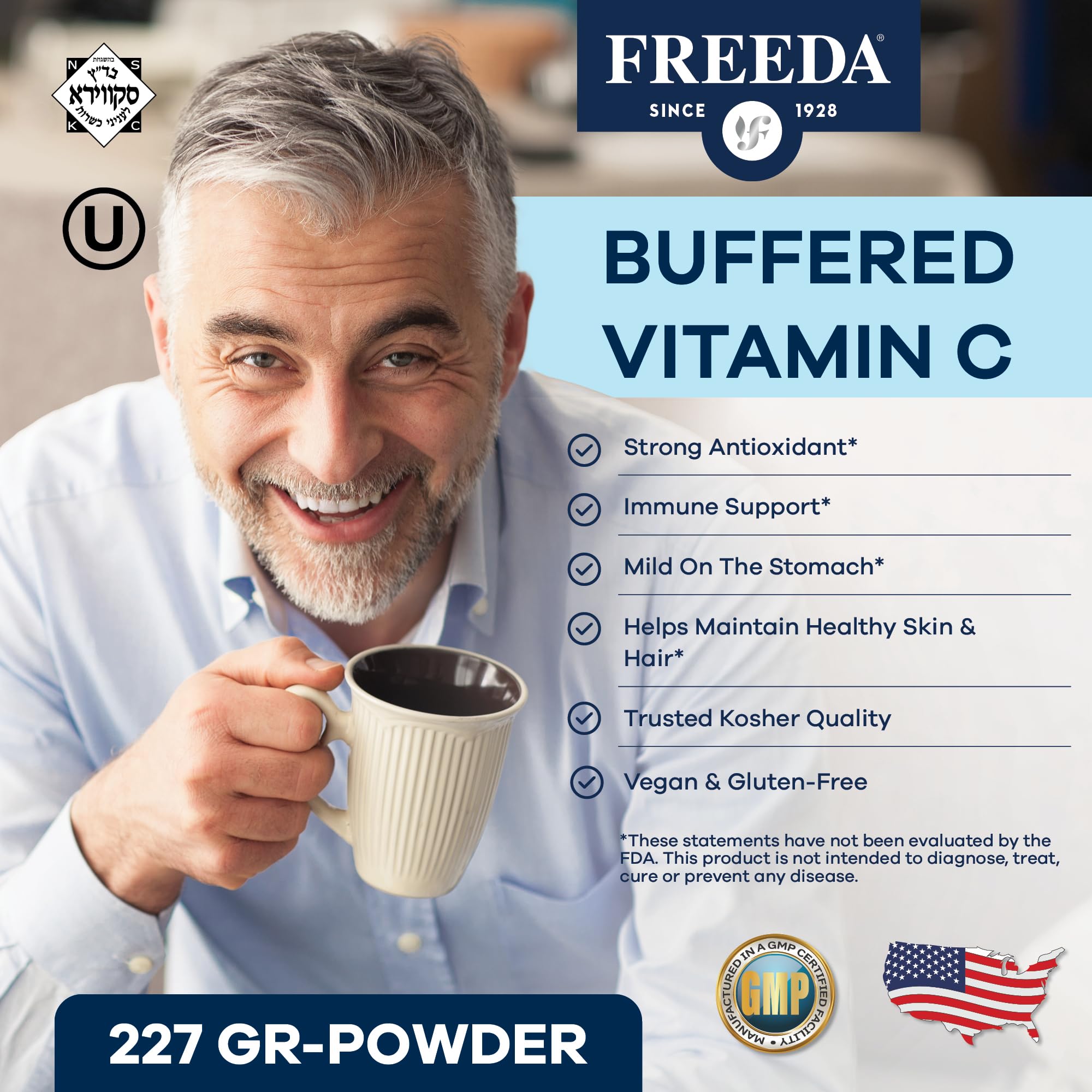 Freeda calcium ascorbate powder close-up highlights non-acidic formula.