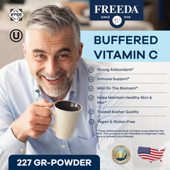Freeda calcium ascorbate powder close-up highlights non-acidic formula.
