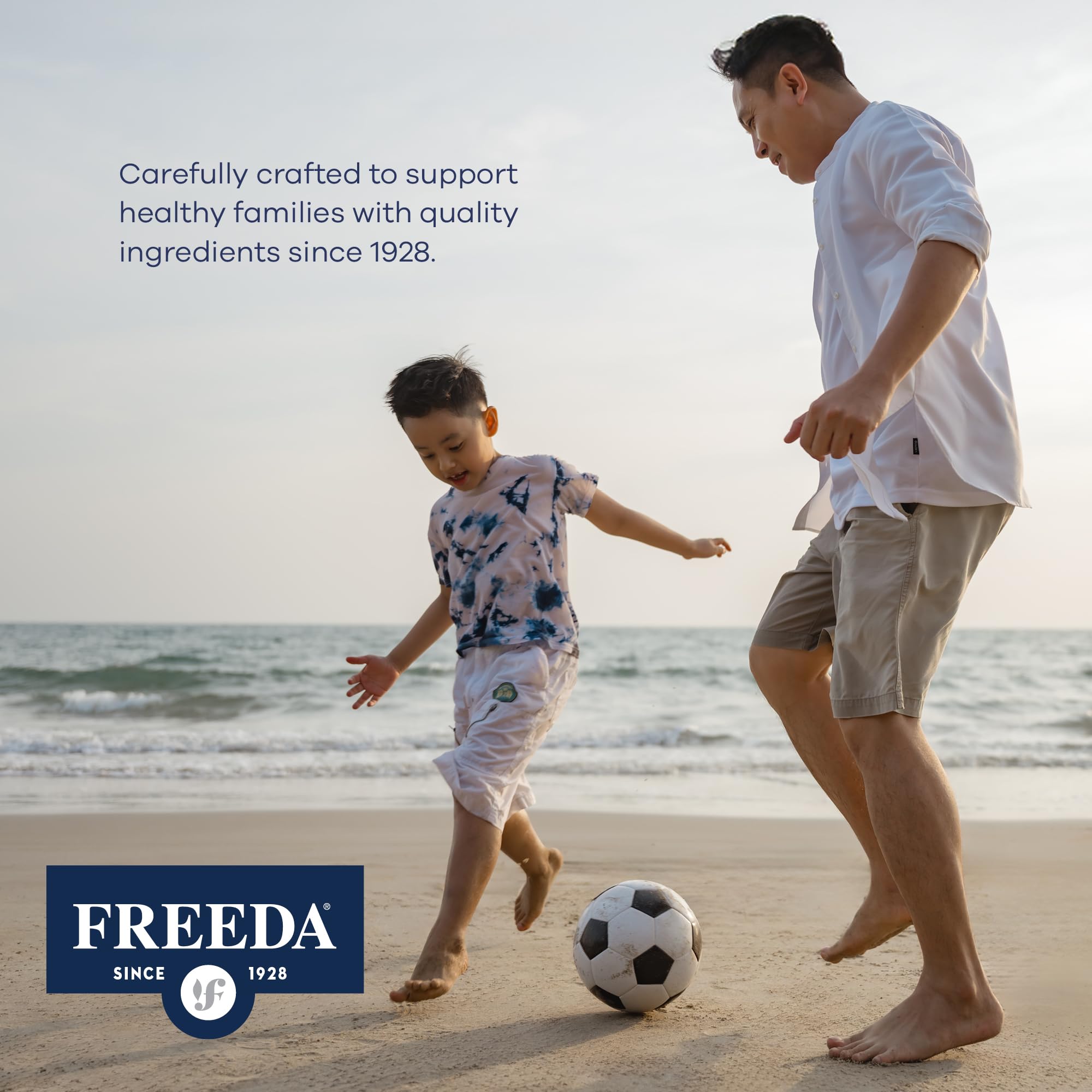 Freeda calcium bottle displayed with packaging for convenient daily supplementation.