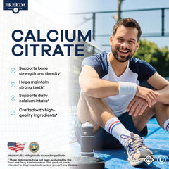 Freeda calcium citrate tablets close-up, highly absorbable formula for skeletal health.
