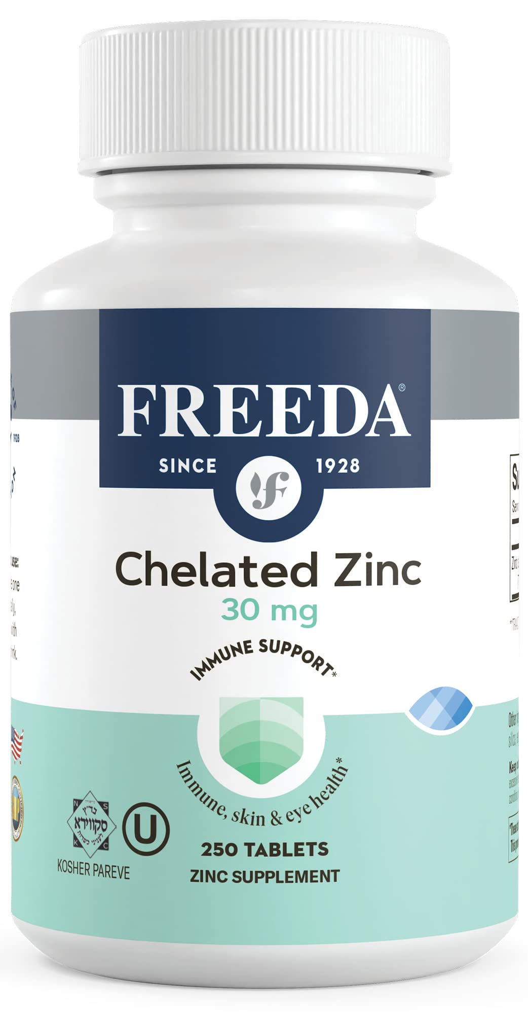FREEDA Chelated Zinc 30mg bottle pouring for easy daily support