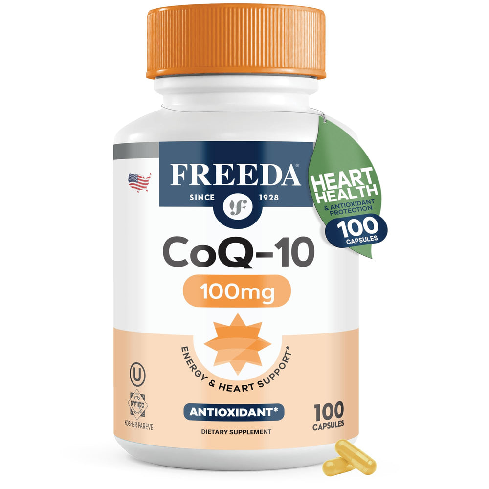Freeda CoQ10 100mg bottle pouring for easy daily heart health support.