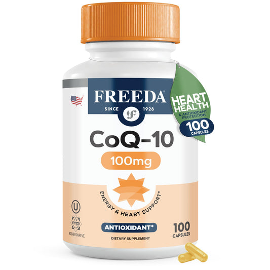 Freeda CoQ10 100mg bottle pouring for easy daily heart health support.