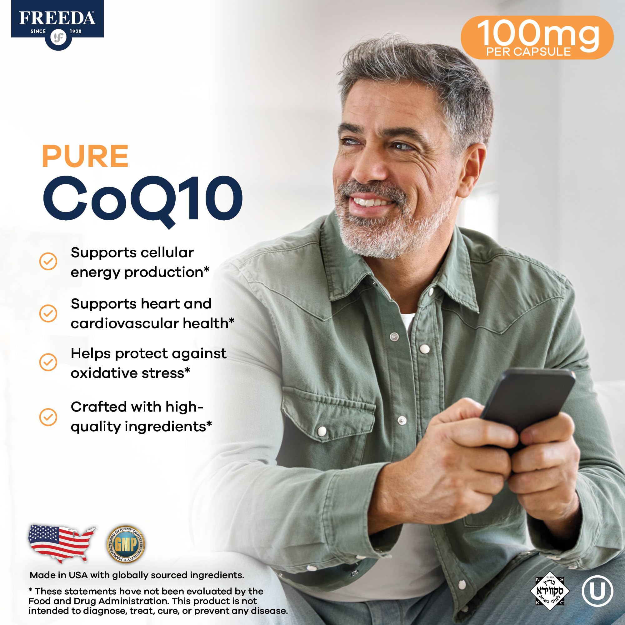 Freeda CoQ10 capsules close-up, vegan and kosher formula.