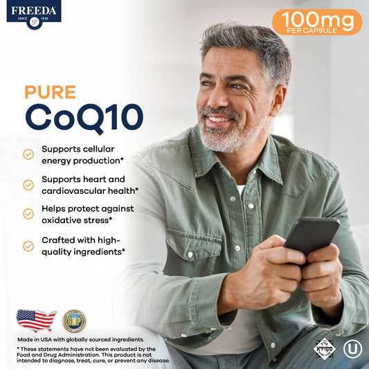 Freeda CoQ10 capsules close-up, vegan and kosher formula.