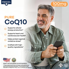 Freeda CoQ10 capsules close-up, vegan and kosher formula.