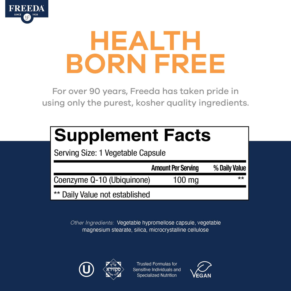 Freeda CoQ10 bottle shown during heart health routine.